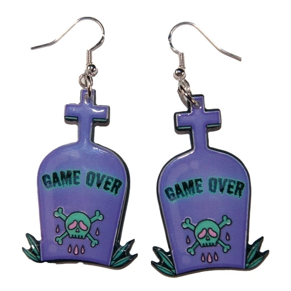 Game Over Tombstone Goth Resin Earrings Hypoallergenic Nickel‎ Free 925